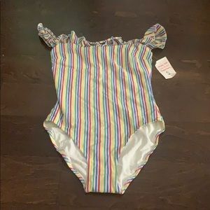 rainbow striped off the shoulder bathing suit